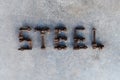 Letter word is steel by old and rusty nut on dirty ground